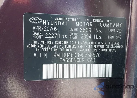 2009 Hyundai Elantra Gls z USA, uszkodzony, nr VIN KMHDU46D39U758570